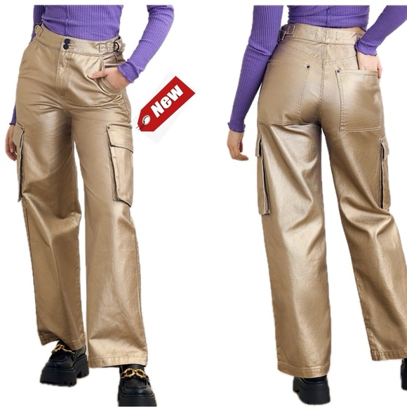 Circus NY metallic gold foil High Rise Slouchy Cargo Denim Jean pants NWT - Picture 16 of 16